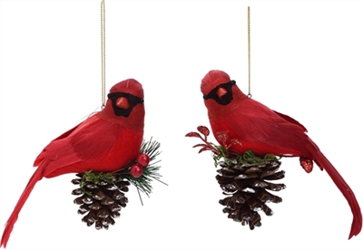 Feather and Pine cone Cardinal Ornaments - Set of 2
