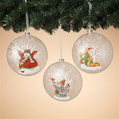 Gerson - Frosted Glass Holiday Snowman Ornaments - Set of 3