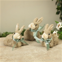 Gerson - 5" Natural Grass Easter Bunny Figurines with Bows - Set of 3