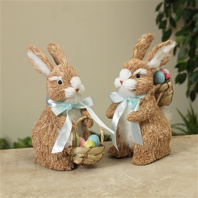 Gerson - 8.75" Natural Grass Easter Bunny Figurines with Easter Baskets - set of 2