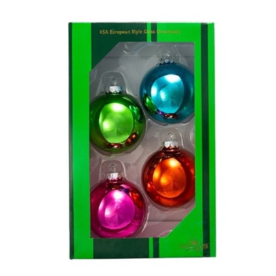 Kurt Adler - Glass Brightly Colored Shiny Ball Ornaments - 4 Piece Box Set