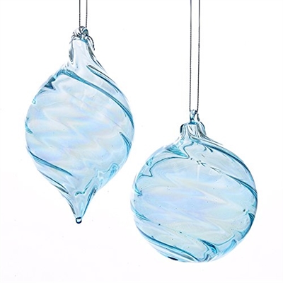 Kurt Adler - Glass Ice Blue Swirl Ball/Finial Ornaments - Set of 2