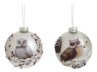 Glass Round Owl Ornament - Set of 2