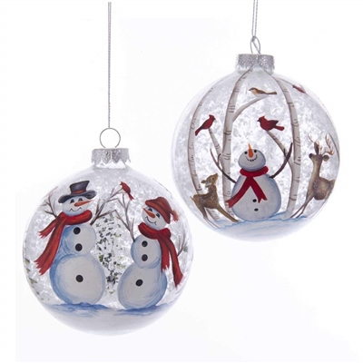 Kurt Adler - Glass Snowman / Deer Scene Ball Ornaments - Set of 2