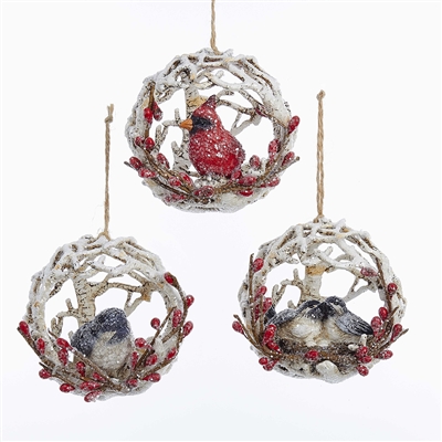 Kurt Adler - Cardinal and Chickadee in Birch Ball Ornaments