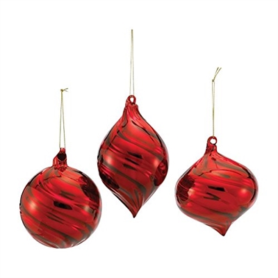 Kurt Adler - Red Glass Ball, Onion and Finial Ornaments - 90mm  Set of 3