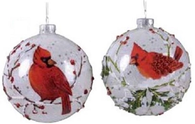 Large Glass Cardinal Ornaments Set of 2 - 4.75 inch Ball