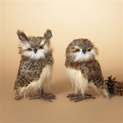 Gerson - Natural Feather Owls - Set of 2 - 9" Tall