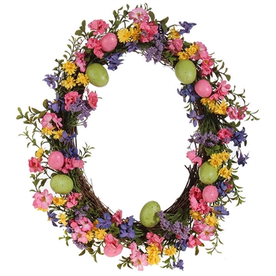 Oval Easter Wreath with Flowers and Eggs - 18" x 14"