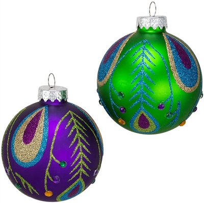 Kurt Adler - Peacock Purple/Green Glass Ball Ornaments Set of 6