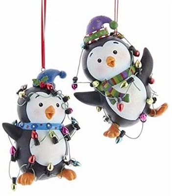 Kurt Adler - Penguins With Christmas Lights Ornaments - Set of 3