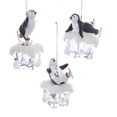 Kurt Adler - 4.25" Plastic Penguin On Ice Ornaments - Set of 3