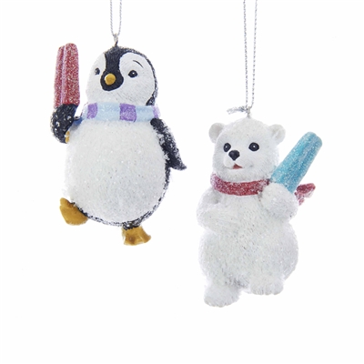 Kurt Adler - Polar Bear/Penguin with Popsicle Ornament - Set of 2