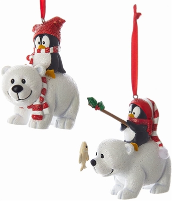 Kurt Adler - Polar Bear with Penguin Ornament - Set of 2