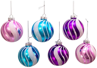 Kurt Adler - Purple, Blue and Pink Swirl Design Glass Ball  - 6 piece