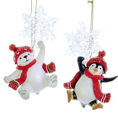 Kurt Adler - Red Arctic Penguin and Polar Bear with Snowflake - Set of 2