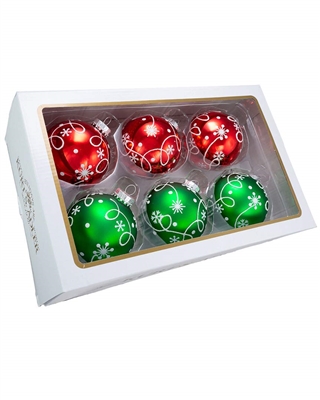 Kurt Adler - Red and Green with White Swirl Design Glass Ball Ornaments Set of 6