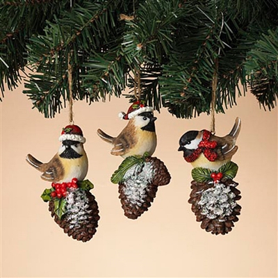 Gerson - Resin Winter Birds on Pine Cones Ornaments - Set of 3