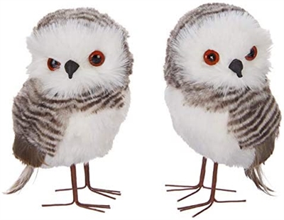 Raz Set of Two Owls Brown and White Furry Assorted 2