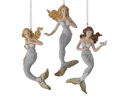 Kurt Adler - Silver / Gold Under the Sea Mermaid Ornaments - Set of 3
