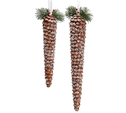 Slender Pinecones with  Greenery Ornaments Set of 2