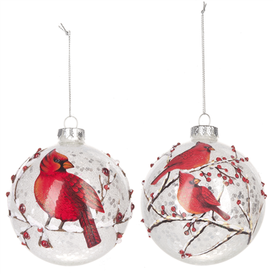 Snow Cardinal Glass Ornaments - Set of 2
