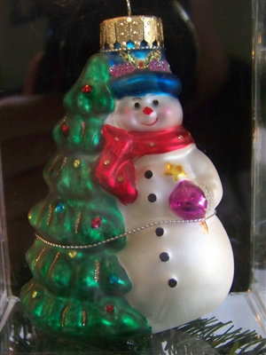 Snowman with Christmas Tree Ornament - Mercury Glass