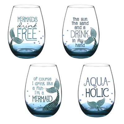 Stemless Wine Glasses - Coastal - Mermaid - Set of 4