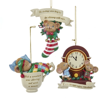Kurt Adler - Twas the Night Before Christmas Mice Ornaments- Set of 3