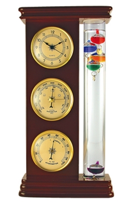 Large Weather Station Combo w/Galileo Thermometer - This Combo Station includes a Galileo Thermometer, Clock, Barometer and Hygrometer all held together with sleek Cherry Wood colored wood. It's sure to look stylish and smart on your favorite professional