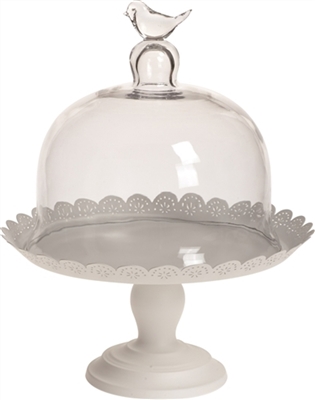 White Metal and Glass Cake Holder, Large