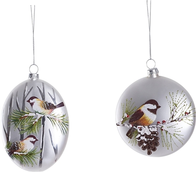 Winter Bird with Pine Cone Ornaments - Set of 2 - Glass
