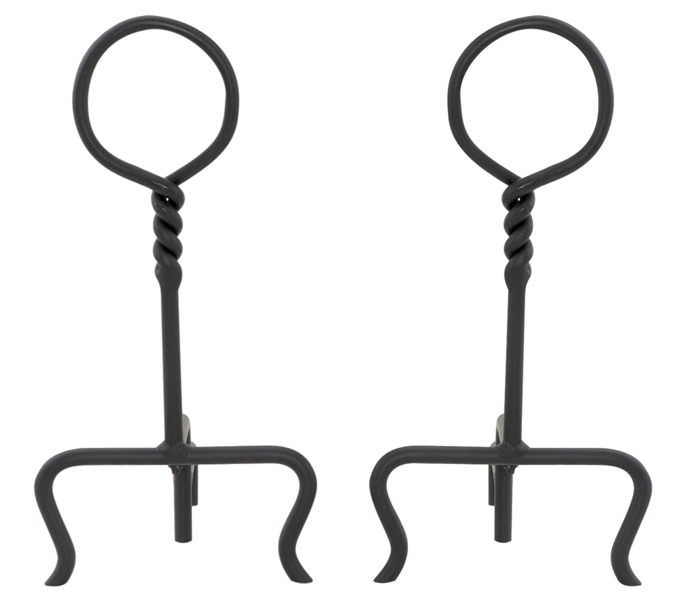 Uniflame Black Wrought Iron Swirl Andirons with Ring Handles