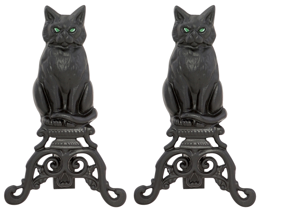 Uniflame Black Wrought Iron Cat Andirons with Reflective Glass Eyes