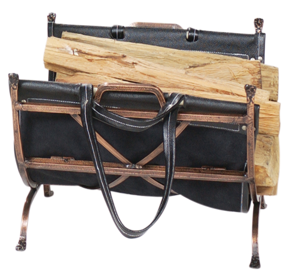 Uniflame Antique Copper Log Rack with Leather Carrier