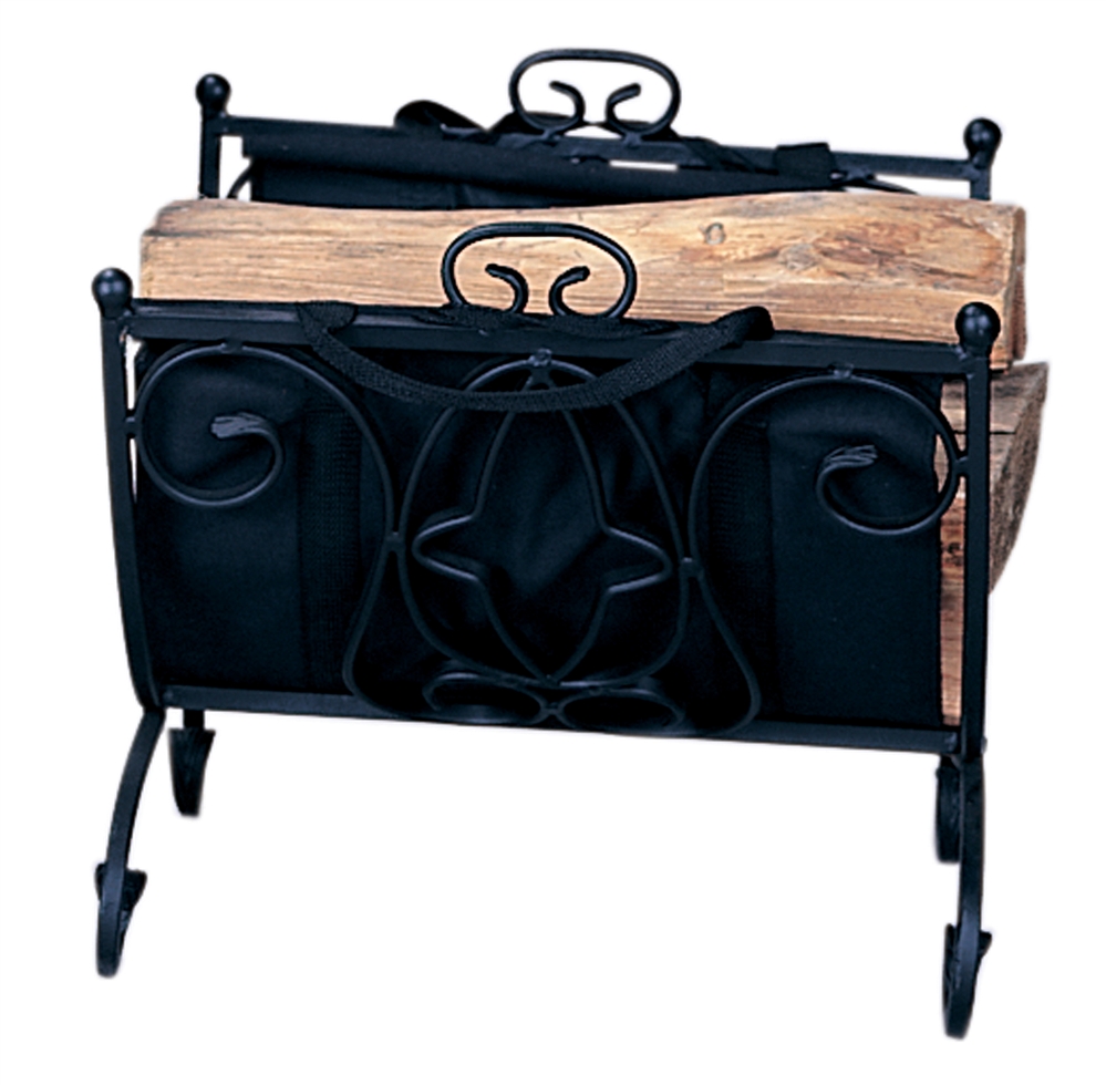 Uniflame Heavy Black Wrought Iron Log Rack with Canvas Carrier