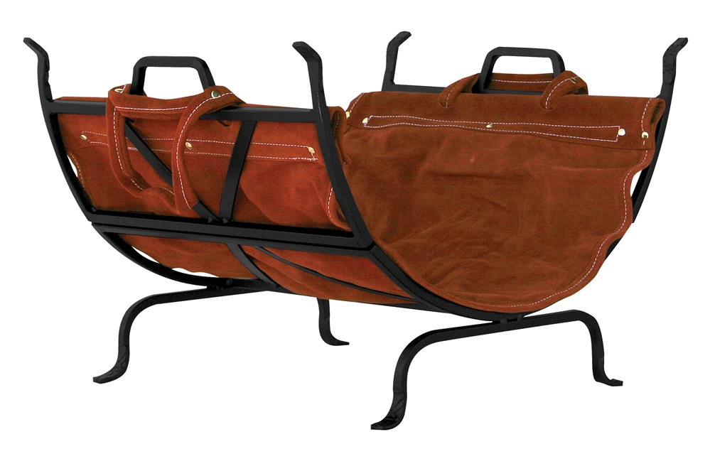 Uniflame Black Wrought Iron Log Rack with Leather Carrier