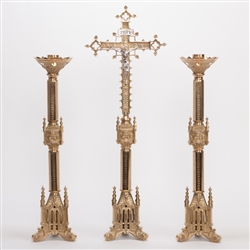 Traditional Ornate Gothic Candlesticks,
 
 All brass, polished & lacquered, 25" tall,