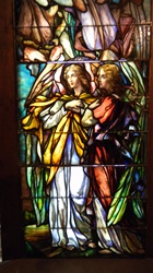 Two Angels Facing Left, Antique Stained Glass Window By J&R Lamb Studios.