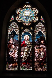 Antique early American Stained Glass Window, Jesus with arms open
