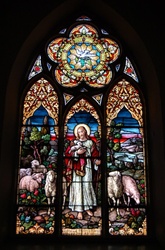 Antique early American Stained Glass Window, Jesus, The good shepherd