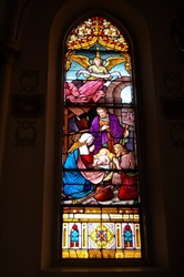 Antique early American Stained Glass Window, Jesus, The Nativity
