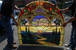 SOLD - Tiffany Studios, New York,  Style 60" Landscape stained glass window