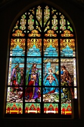 Antique  Stained Glass Window of The Nativity and the Adoration of the Kings.