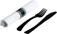 Glimmerware EMI-EFKNB Zappy 100 Pre Rolled Black Silverware Plastic Knife and Fork in Linen Like Napkin w/Paper Napkin Rings