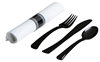 EMI-EFKSNB Black Plastic Rolled Cutlery Kit - (Fork Knife Spoon Napkin) 100 Sets