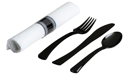 EMI-EFKSNB Black Plastic Rolled Cutlery Kit - (Fork Knife Spoon Napkin) 100 Sets