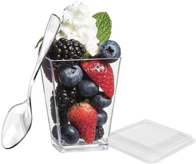 Square 5 oz Clear Dessert Cups with Lids and Clear Mini Spoons