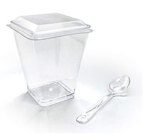 Square 5 oz Clear Dessert Cups with Lids and Clear Mini Spoons