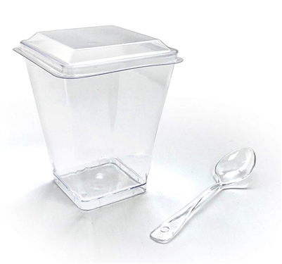 Square 5 oz Clear Dessert Cups with Lids and Clear Mini Spoons